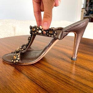 Manolo Blahnik Metallic Brown Jeweled Slide Sandals